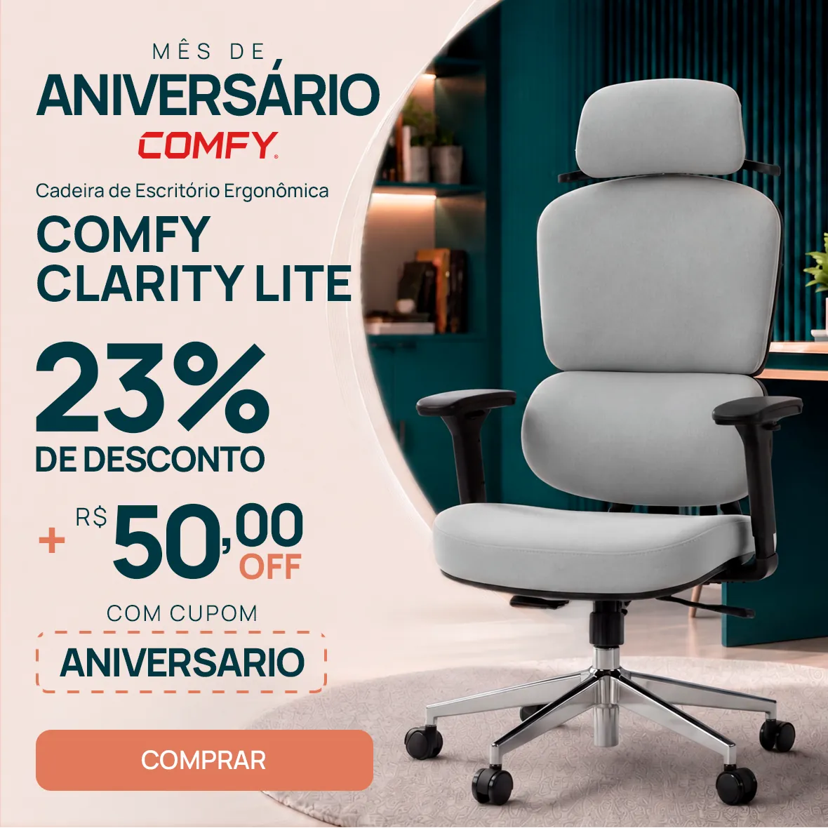 Cadeira de Escritório Comfy Clarity Lite Preta Tecido Cinza