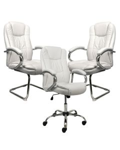 Kit de Cadeiras de Escritório Comfy Virtuous Off White, Giratória e Sistema Relax +  Par de Cadeiras Off White Fixas