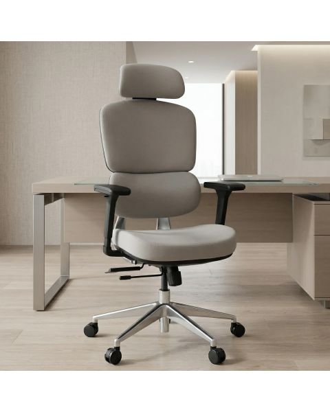 Cadeira de Escritório Comfy Clarity Preta Tecido Cinza, Base Alumínio Braço 4D, Assento Deslizante Relax