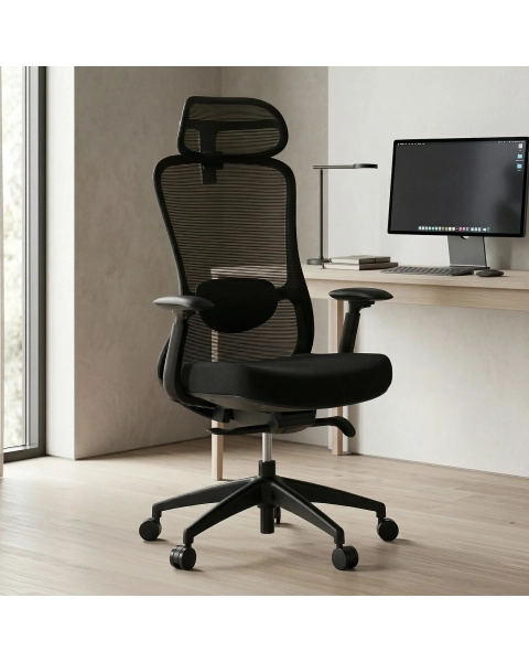 Cadeira de Escritório Comfy Elara Preta Tela Mesh Preta, Mecanismo Syncro Assento Deslizante