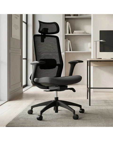 Cadeira de Escritório Comfy Polyn Preta Tela Mesh Preta Braços 4D Mecanismo Syncro Assento Deslizante