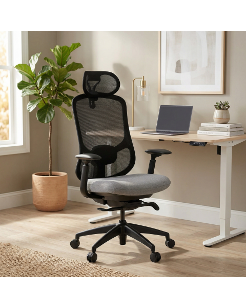 Cadeira de Escritório Comfy Stella Preta Assento Cinza Braços 4D Mecanismo Syncro Assento Deslizante