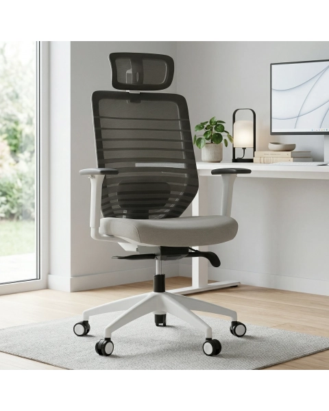 Cadeira de Escritório Comfy York Off White Tela Mesh Cinza, Mecanismo Syncro Assento Deslizante