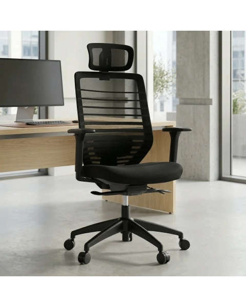 Cadeira de Escritório Comfy York Preta Tela Mesh Preta, Mecanismo Syncro Assento Deslizante