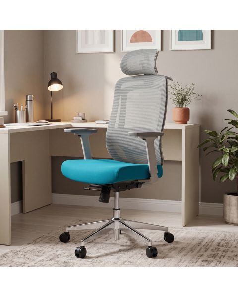 Cadeira de Escritório Comfy Aurora Cinza Mesh Cinza e Turquesa Braço 3D Assento Deslizante e Relax