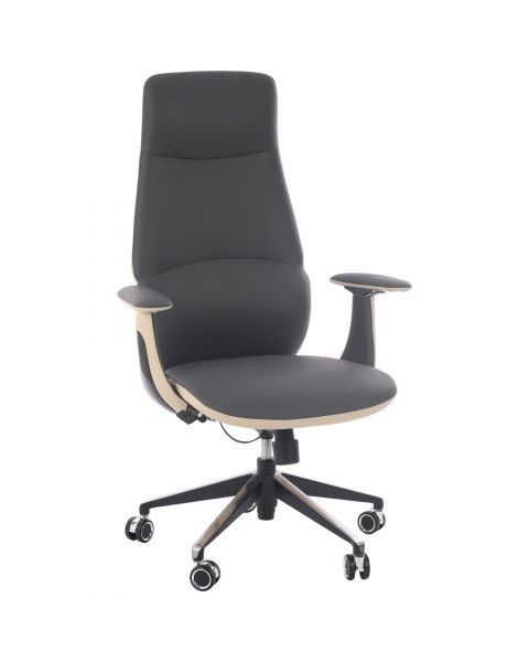 Cadeira de Escritório Comfy Bellagi em Couro Cinza, Estrutura em Alumínio e Ajustes por Botões