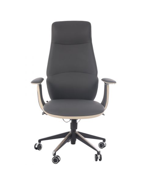 Cadeira de Escritório Comfy Bellagi em Couro Cinza, Estrutura em Alumínio e Ajustes por Botões