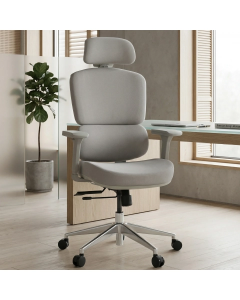 Cadeira de Escritório Comfy Clarity Cinza Tecido Cinza Base Alumínio, Braço 4D, Assento Deslizante Relax