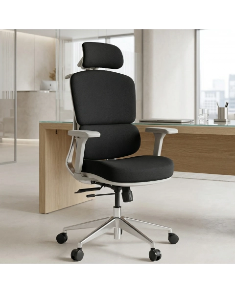 Cadeira de Escritório Comfy Clarity Cinza Tecido Preto, Base Alumínio, Braço 4D, Assento Deslizante Relax