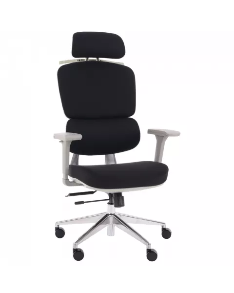 Cadeira de Escritório Comfy Clarity Cinza Tecido Preto, Base Alumínio, Braço 4D, Assento Deslizante Relax