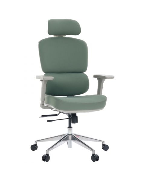 Cadeira de Escritório Comfy Clarity Cinza Tecido Verde, Base Alumínio, Braço 4D, Assento Deslizante Relax