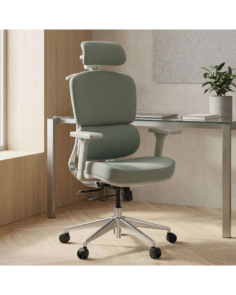 Cadeira de Escritório Comfy Clarity Cinza Tecido Verde, Base Alumínio, Braço 4D, Assento Deslizante Relax