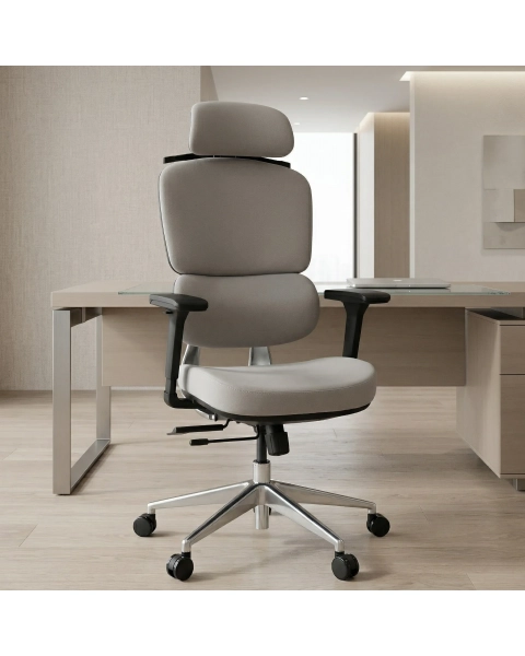 Cadeira de Escritório Comfy Clarity Preta Tecido Cinza, Base Alumínio Braço 4D, Assento Deslizante Relax