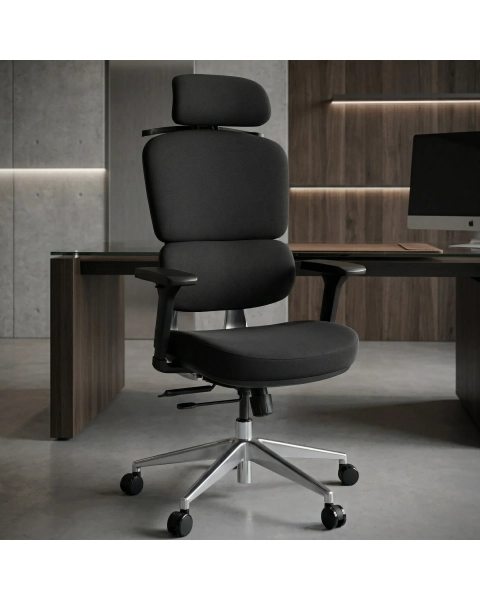 Cadeira de Escritório Comfy Clarity Preta Tecido Preto, Base Alumínio Braço 4D, Assento Deslizante