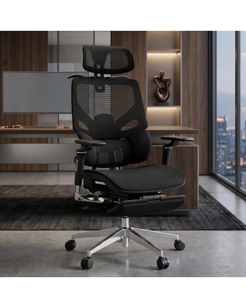 Cadeira de Escritório Comfy Levian Tela Mesh Preta Base Alumínio, Múltiplos Ajustes Braço 6D