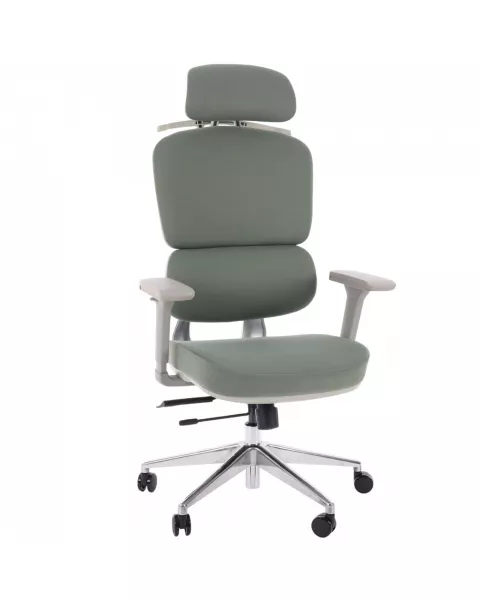 Cadeira de Escritório Comfy Clarity Cinza Tecido Verde, Base Alumínio, Braço 4D, Assento Deslizante Relax