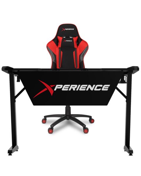 Kit Mesa Gamer + Cadeira Gamer Xperience Deluxe em Tecido Vermelho, Braço Ajustável e Sistema de Inclinação Avançado