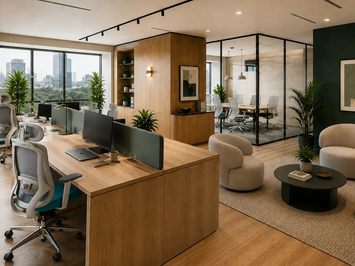 Escritório corporativo com estações de trabalho, cadeiras ergonômicas, sala de reunião e área de convivência