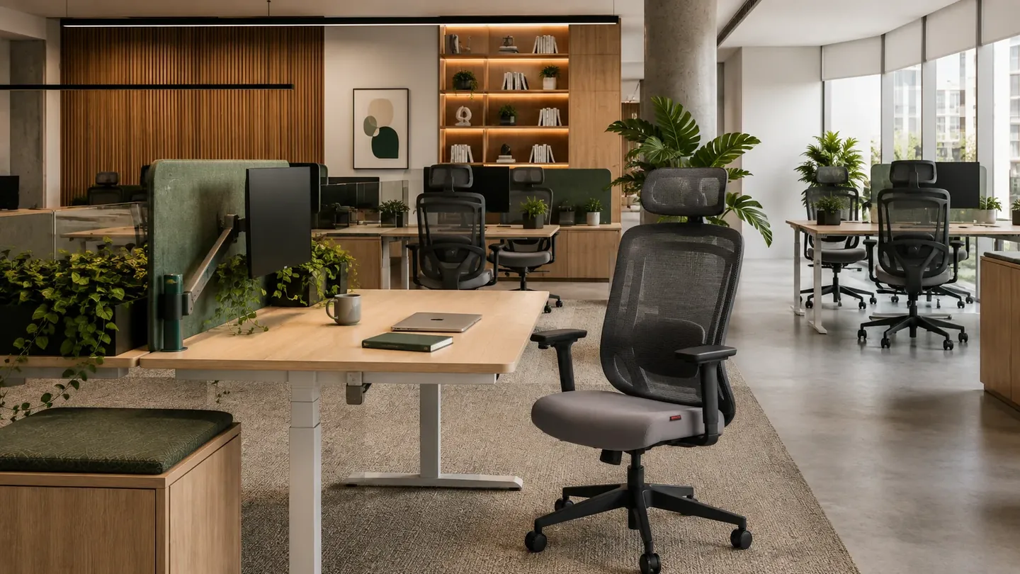 Escritório corporativo Comfy com estações de trabalho de altura regulável e cadeiras ergonômicas