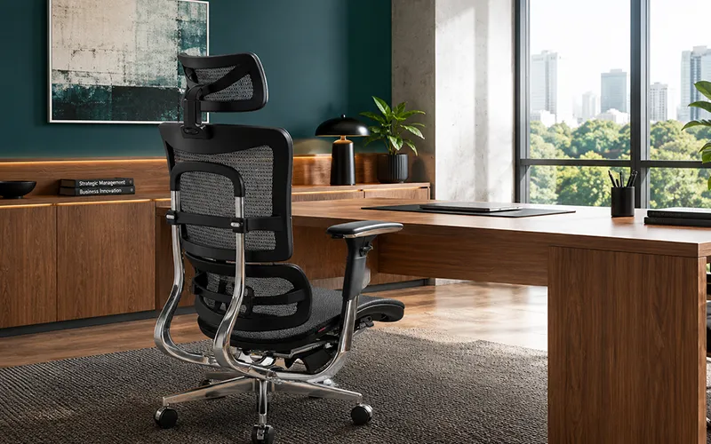 Sala de diretoria com cadeira de liderança e mesa executiva
