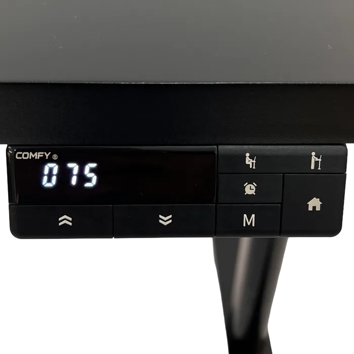 Close do painel de controle sob o tampo, com display mostrando 75 cm e teclas de memória e temporizador