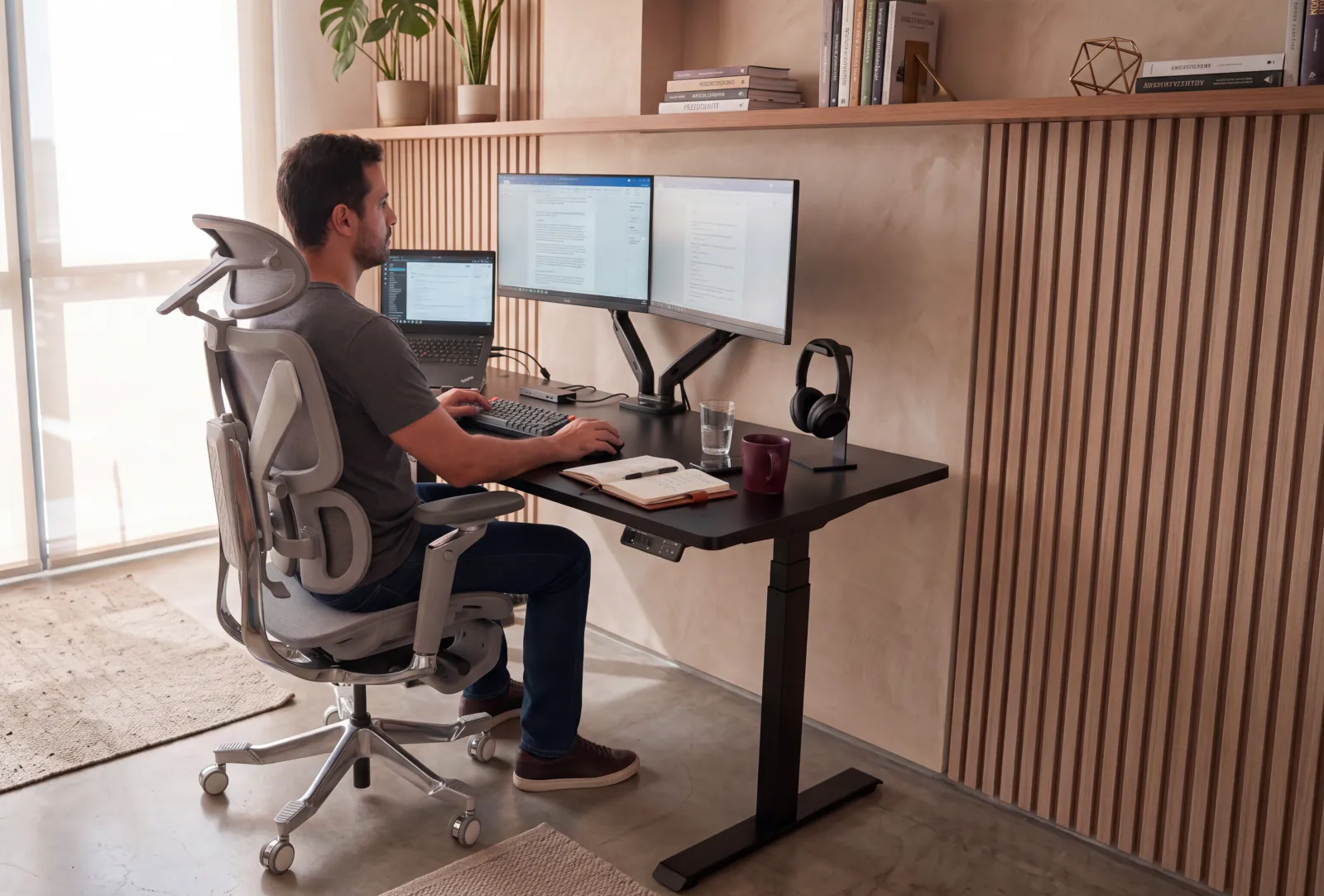 Comfy ErgoLift Ultra na altura de trabalho sentado, com cadeira ergonômica, dois monitores e notebook sobre o tampo