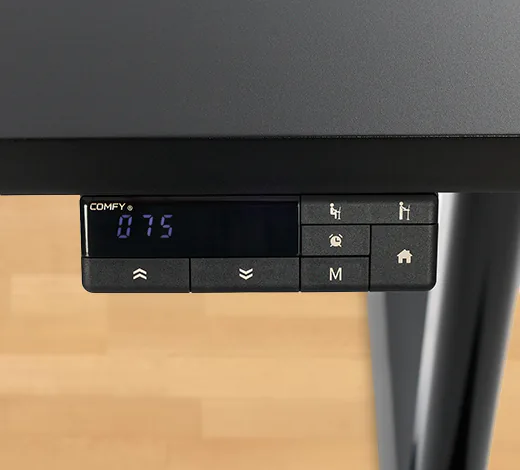 Close do painel de controle integrado da ErgoLift Ultra, com display indicando a altura, botões de subir e descer, memórias e temporizador