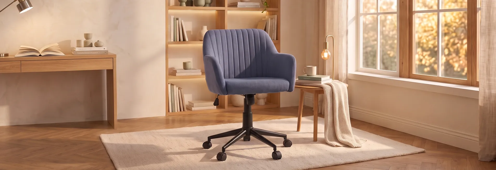 Cadeira Comfy Flexy Clari SW azul índigo em escritório e home office