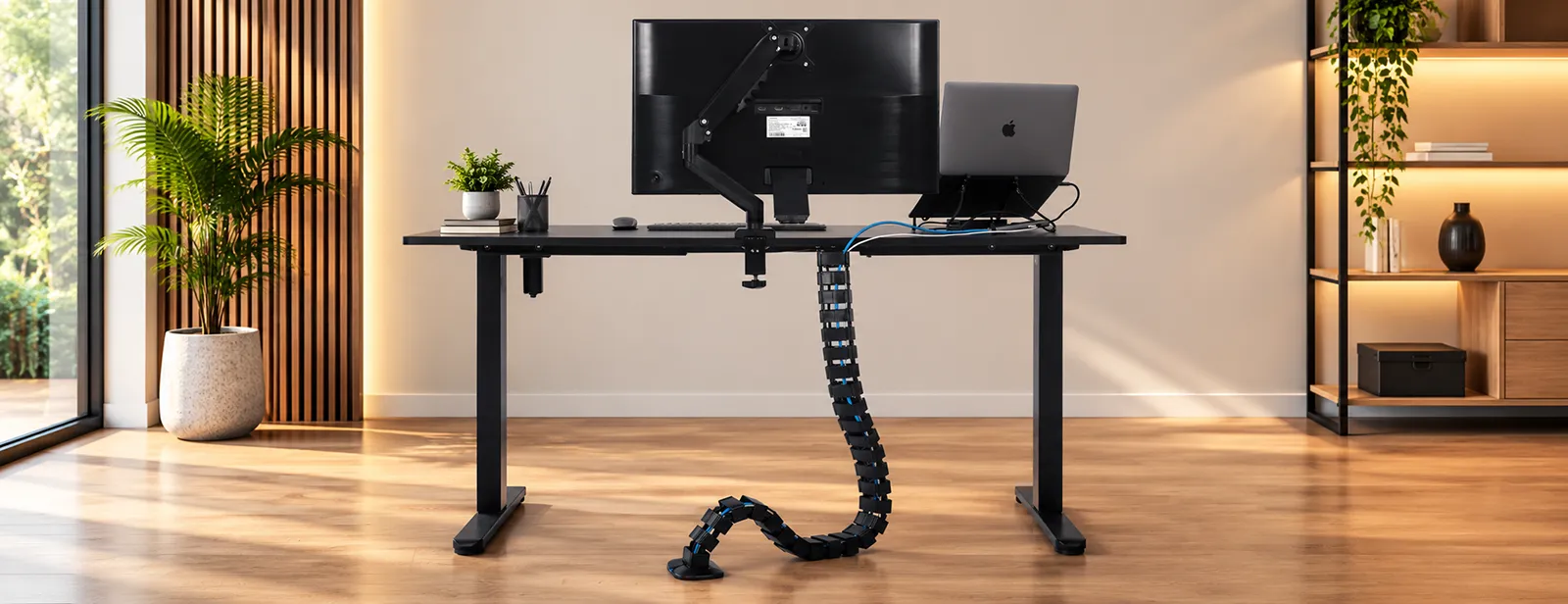Vértebra organizadora de cabos instalada sob mesa Comfy ErgoLift, conduzindo os cabos do monitor e do notebook até a tomada