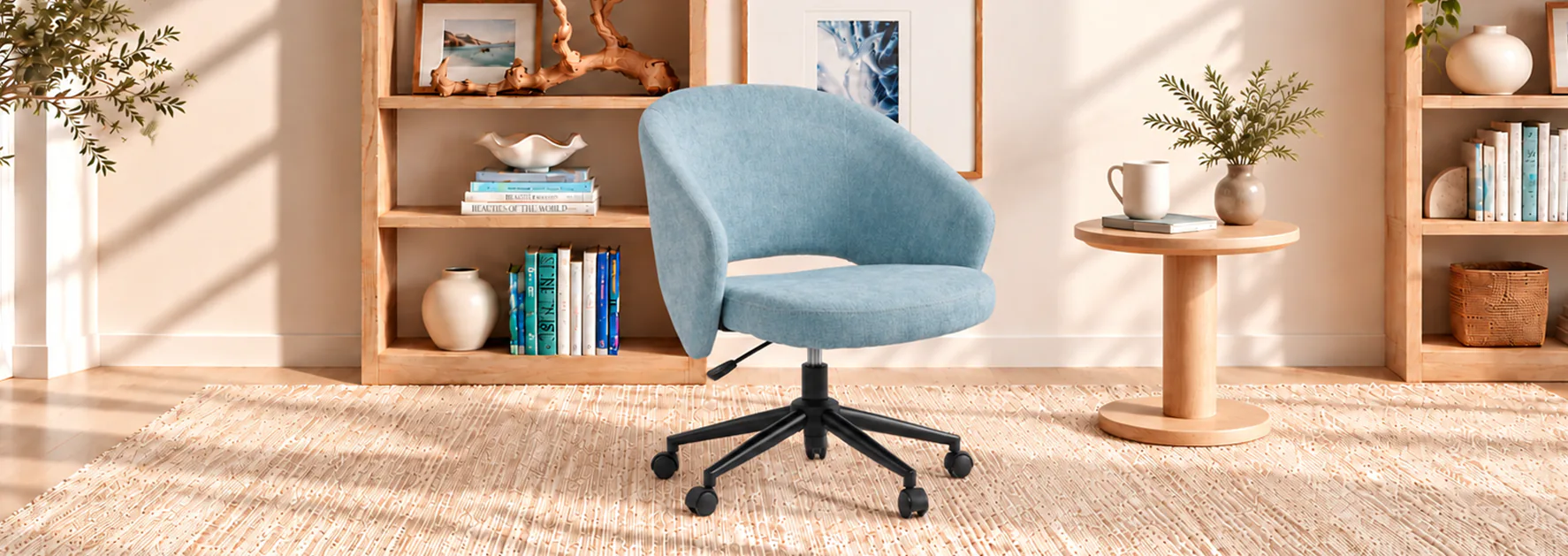 Cadeira Comfy Lume light blue em ambiente aconchegante